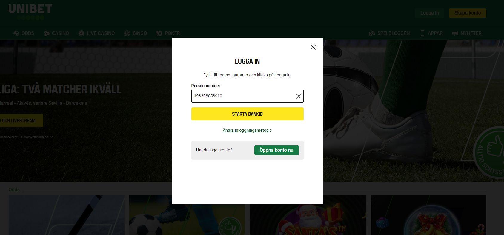 Unibet har BankID för sina kunder