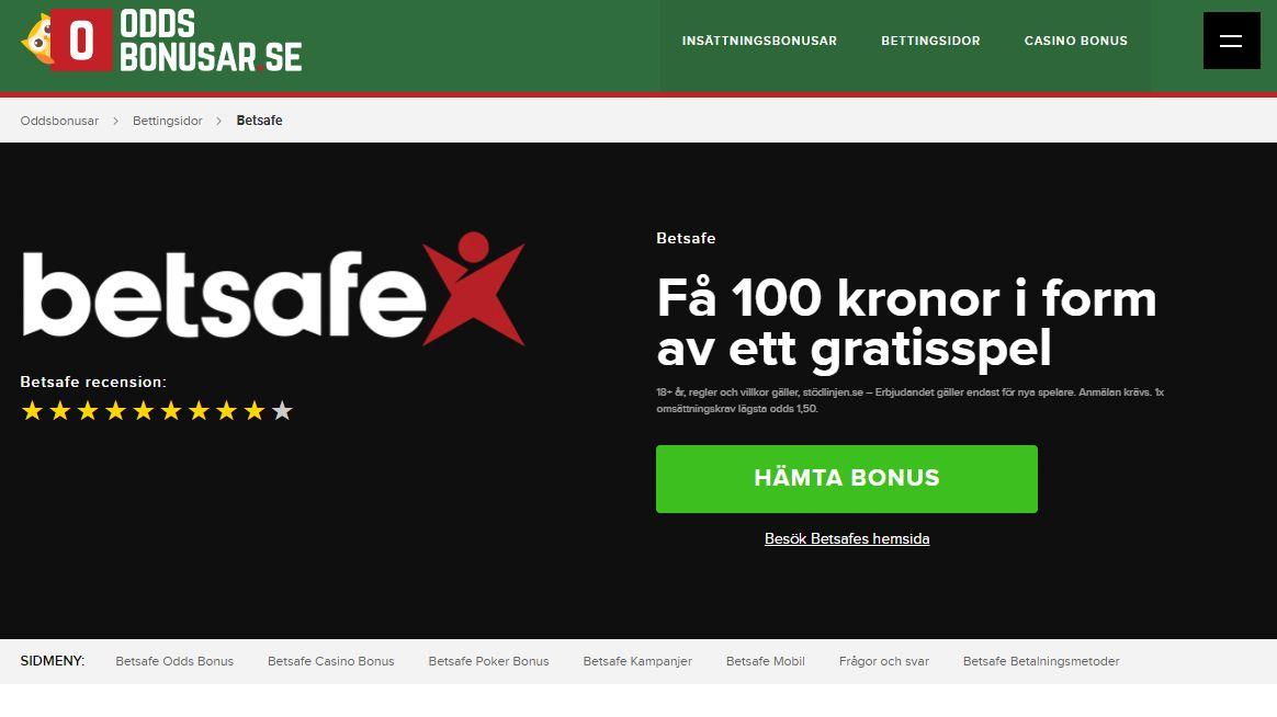 Klicka på "Hämta bonus" i Betsafe-recensionen