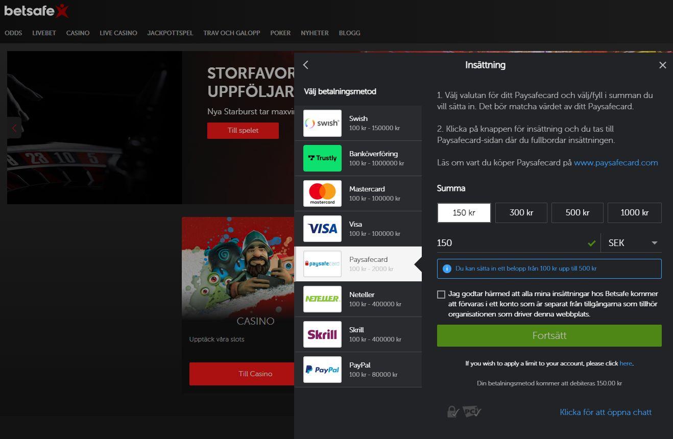 Välj Paysafecard och sätt in pengar